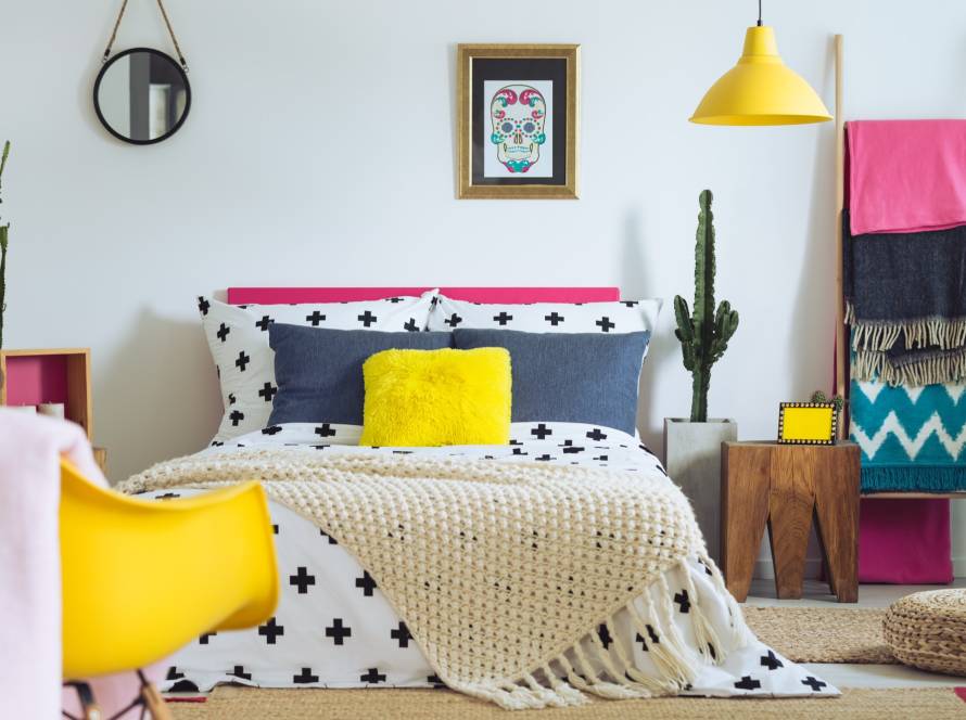 Bright bedroom with colorful accents